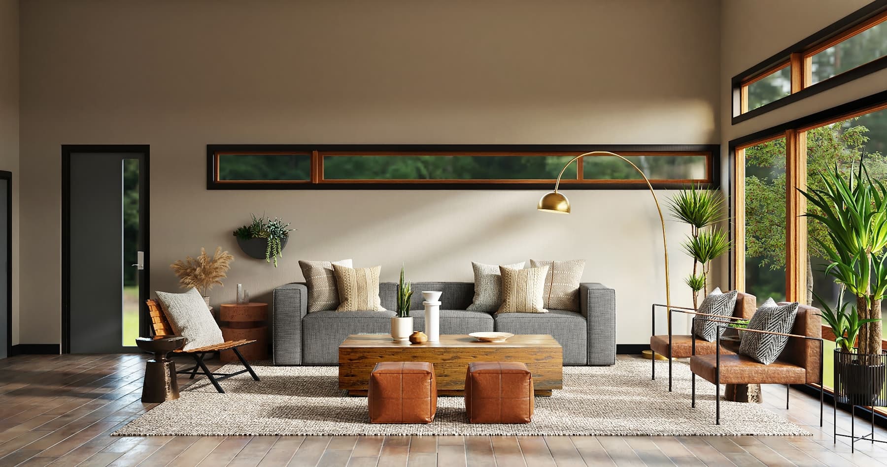 Sala contemporânea com luz natural, madeira e zona de estar